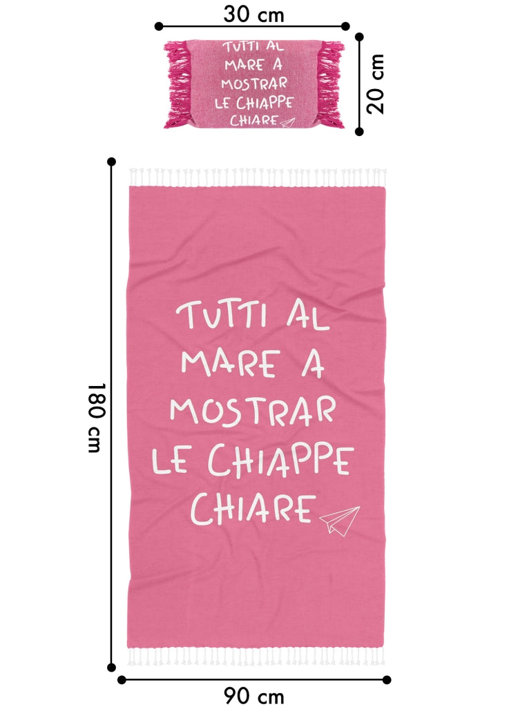 Telo Mare Con Frange Asciugamano Da Spiaggia Misura Grande 90x180 Cm Con Pochette Astuccio Assorbente In Morbido Cotone Leggero Stampa Tutti Al Mare AntiSabbia Lettino Vacanze Piscina Fuxia
