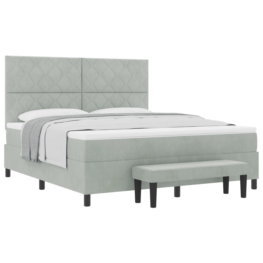 Letto Box Spring con Materasso e Panchina Grigio Chiaro 180x200 cm in Velluto