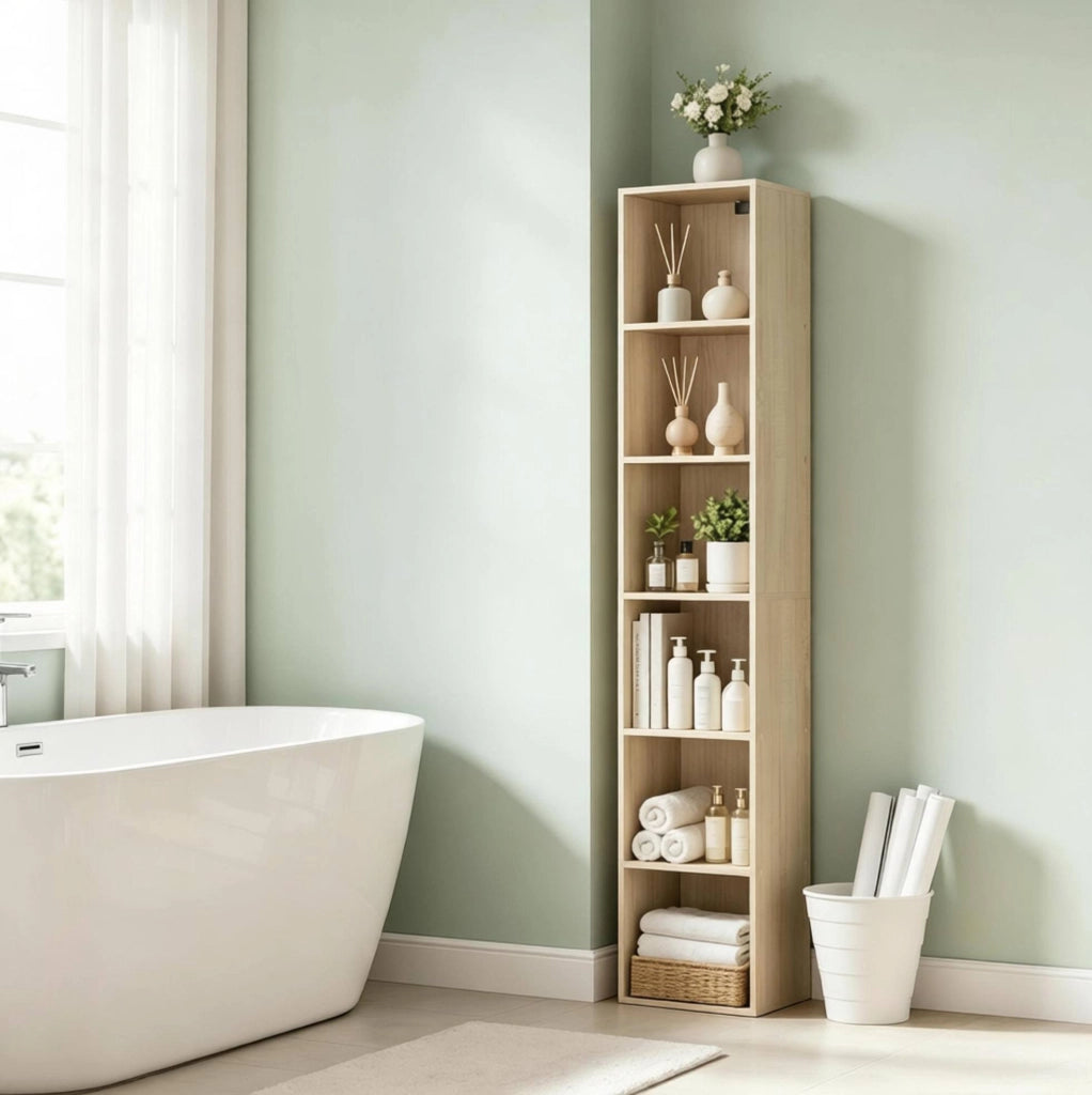 Libreria a 6 vani in MDF e truciolare effetto rovere