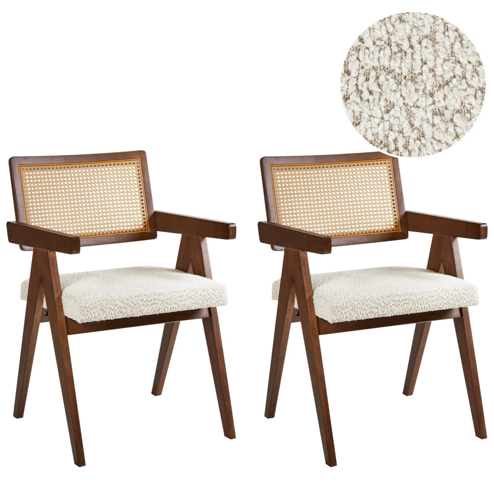 Set di 2 sedie da pranzo marrone e beige chiaro con struttura in legno di caucciù e sedile in bouclè Cucina da pranzo retrò