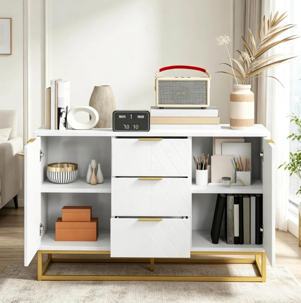 Credenza 120x40x76 cm in MDF e metallo bianco e oro, 2 ante 3 cassetti -