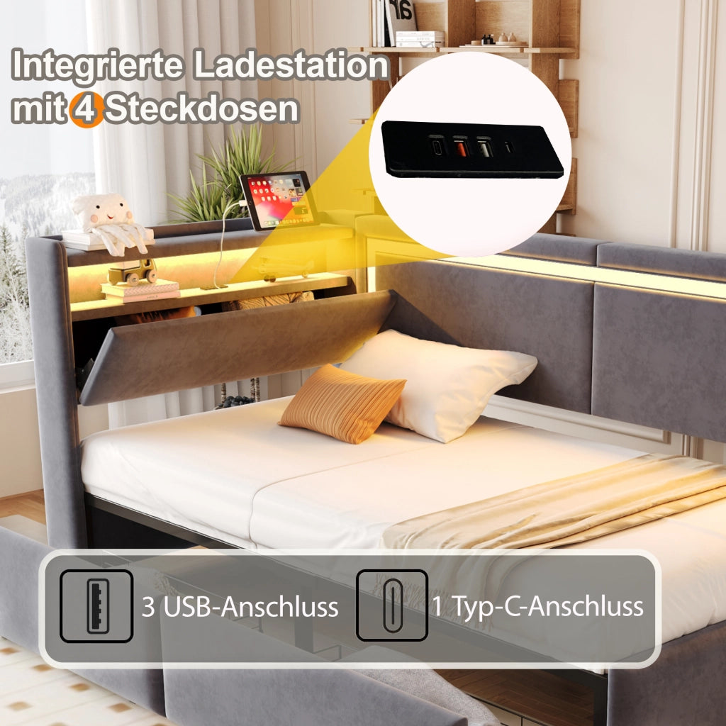 Letto contenitore singolo 90×200 cm con LED; USB; testiera con ripiani e cassetti; senza materasso; velluto; grigio