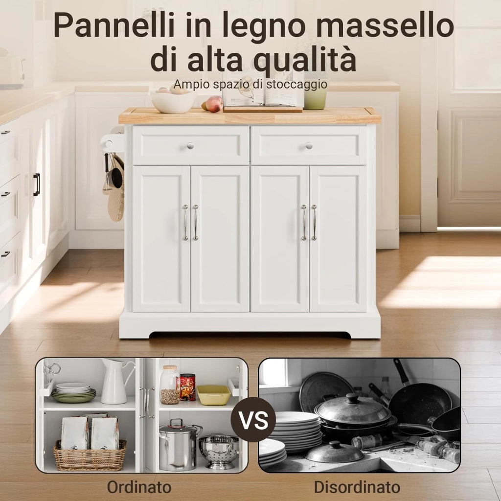 isola cucina con ruote carrello da cucina con piano di lavoro pieghevole mobile cucina con ruote penisola cucina piano lavoro Bianco 115x92x(46-71) cm FKW71-III-WN