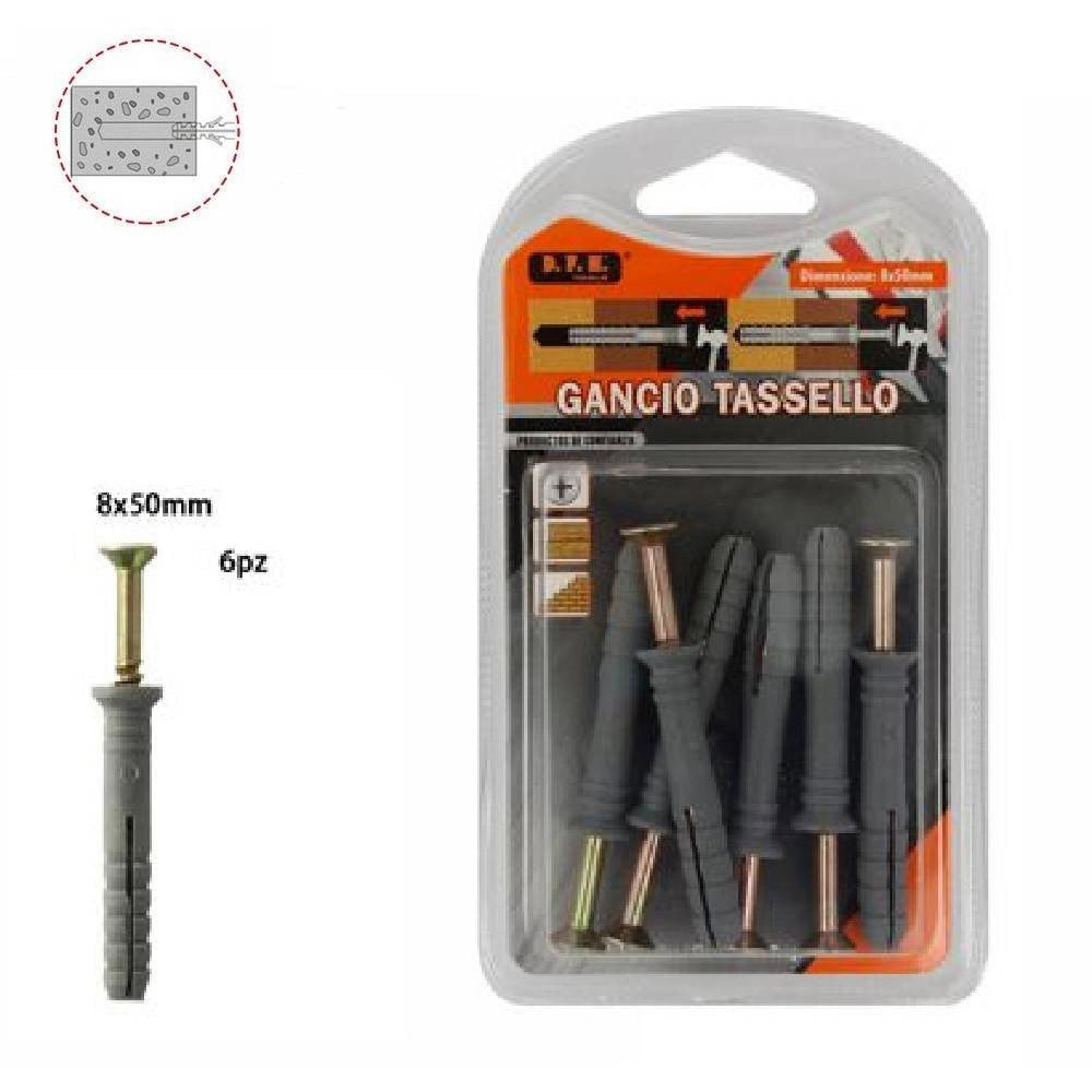Trade Shop - Set 6 Pezzi Tasselli Fisher Viti Vite Chiodi Gancio Tassello Misura 8x50mm 69052 -