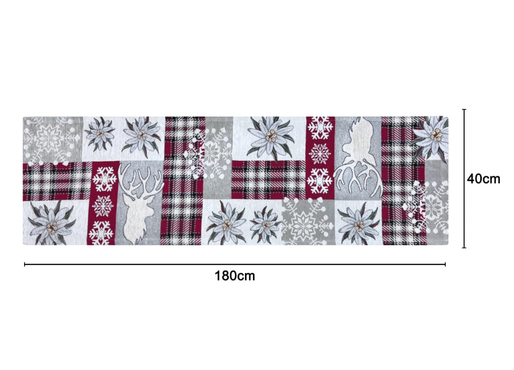 Tovaglia Centrino Runner Tavola Fantasia Edelweiss Cervo Made Italy - 40x180 - Rosso