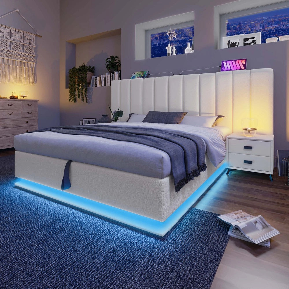 Letto Contenitore Matrimoniale Imbottito con LED e USB ¨C MINIMAL ¨C PU Bianco 180x200