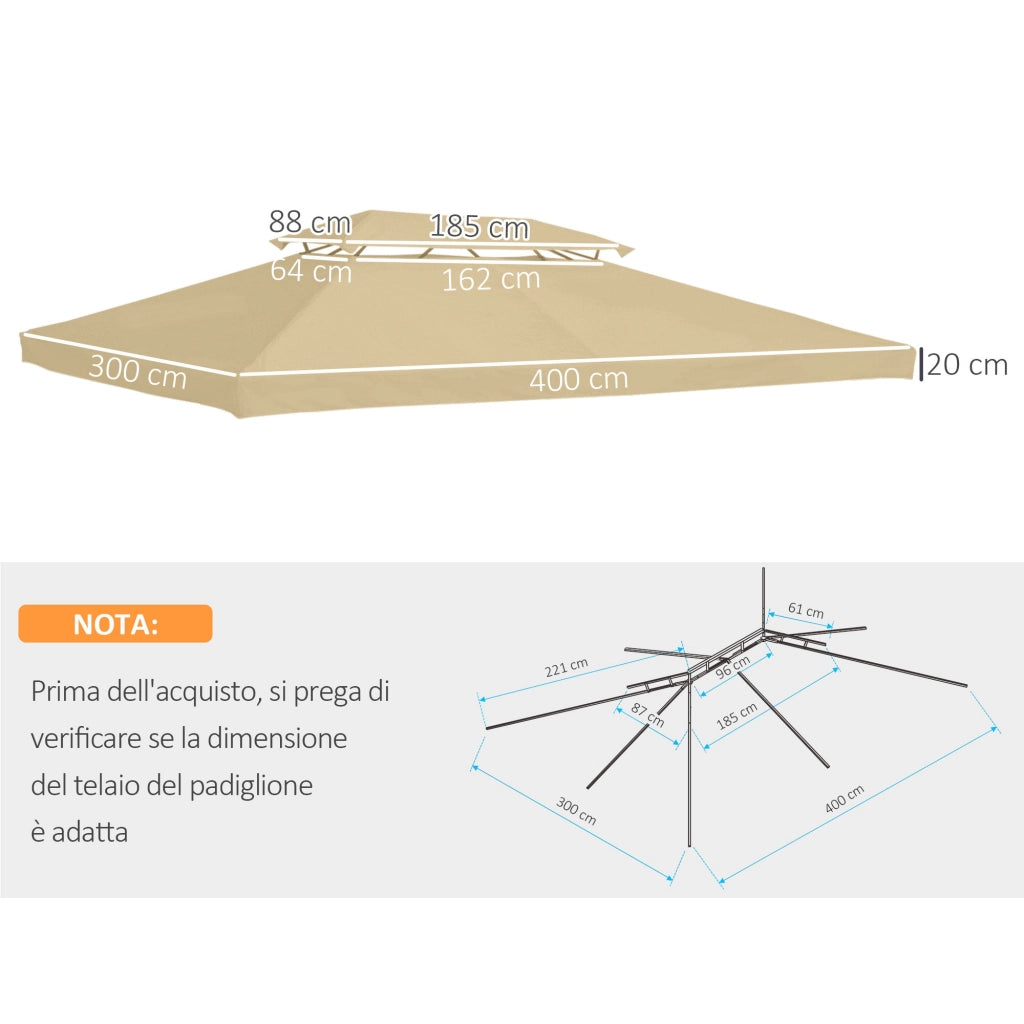 Tetto di Ricambio per Gazebo da Giardino a 2 Livelli 400x300 cm in Poliestere Anti UV Crema