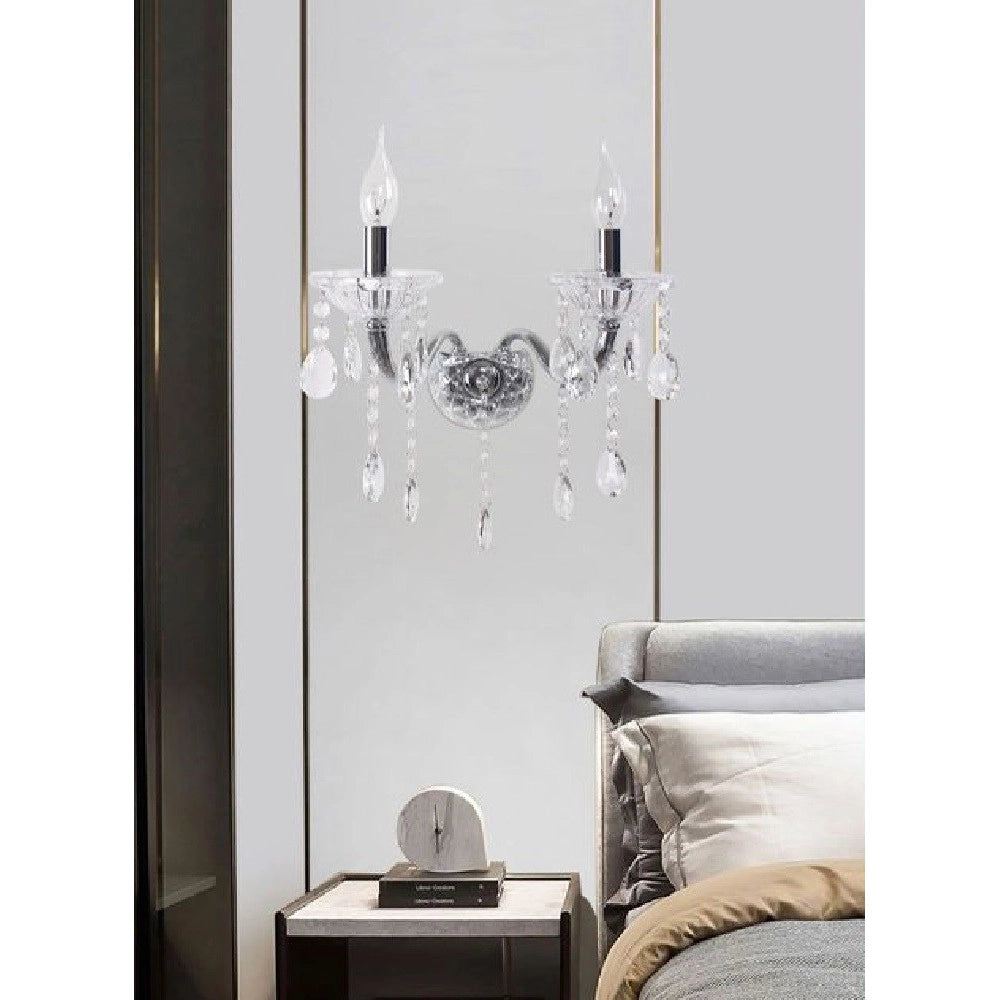 Trade Shop - Applique Candelabro Gocce Pendenti Cristallo Acrilico 2 Bracci Attacco E14 E35 - Argento