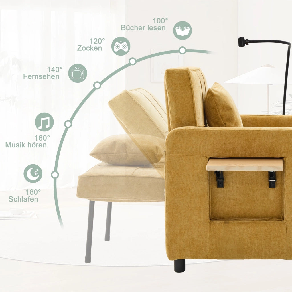 Poltrona letto convertibile in chenille con schienale reclinabile a 5 posizioni tasche laterali vassoio giallo senape