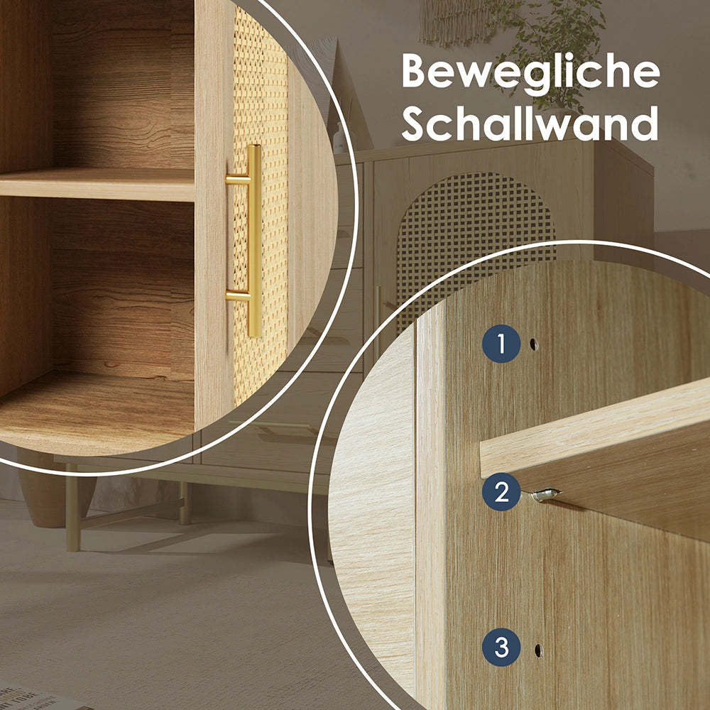 Buffet con maniglie dorate - Xylo - 3 cassetti e 2 porte in rattan
