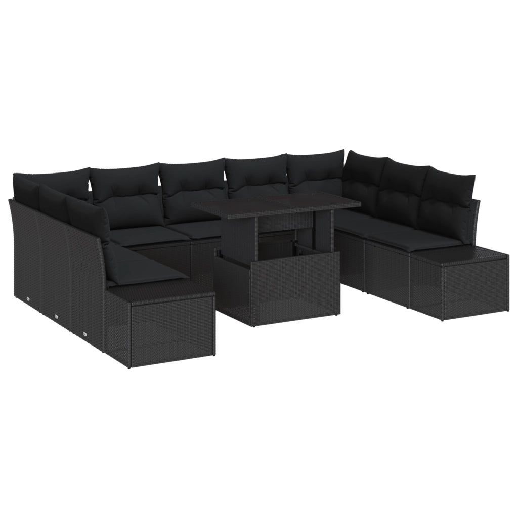 Set di divani da giardino in 10 pezzi con cuscini in polirattan nero