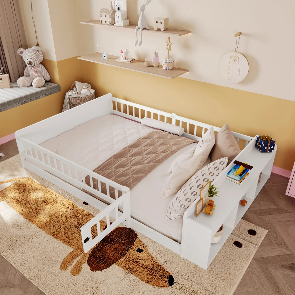 Letto per bambini bianco in pino con spazio di stoccaggio aperto e cassetti integrati 140x200 cm