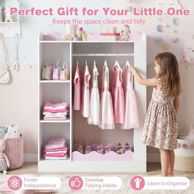 Armadio appendiabiti per bambini con specchi e ripiani rosa per cameretta organizzatore vestiti e giochi