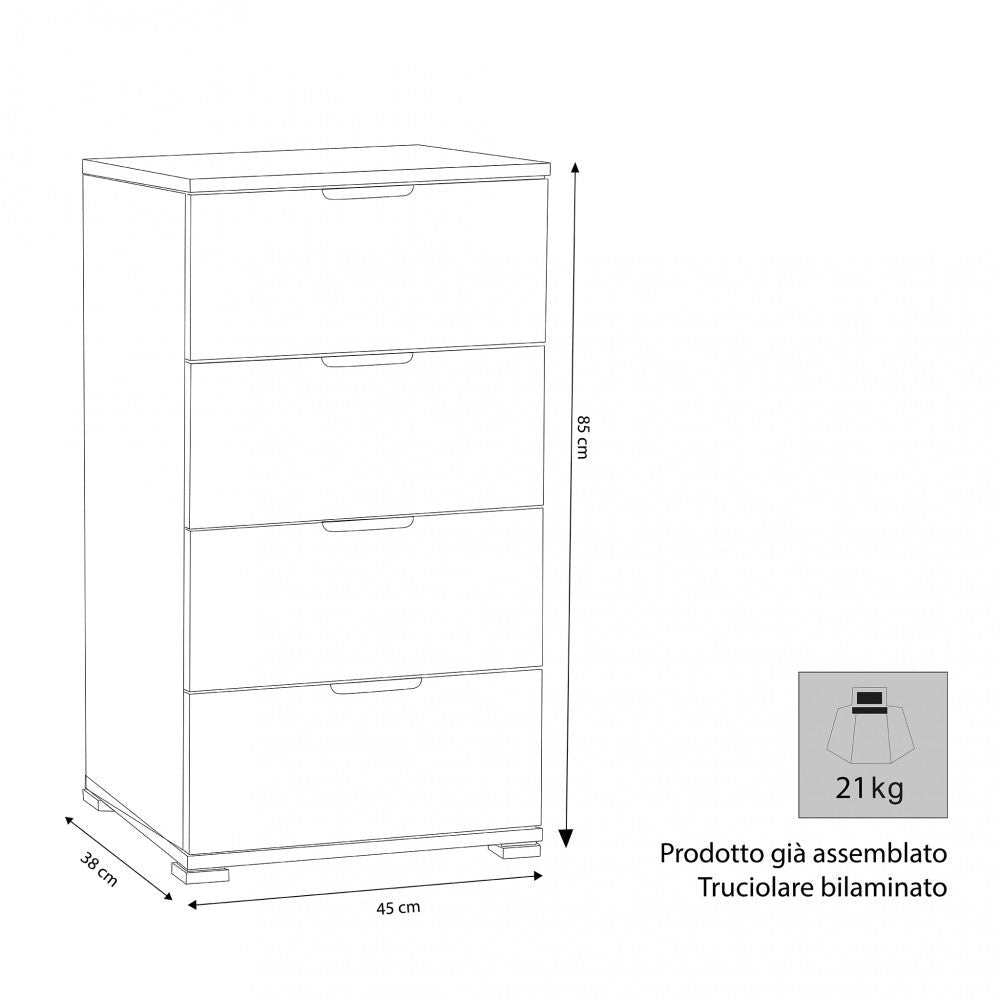 Mobiletto 4 Cassetti Rovere Grigio 45x38x85 h cm in Truciolare bilaminato Rovere grigio