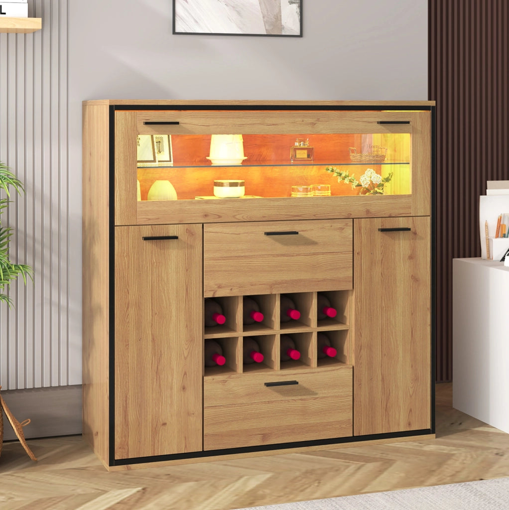 Credenza portavino con LED, 2 ante e divisorio in vetro