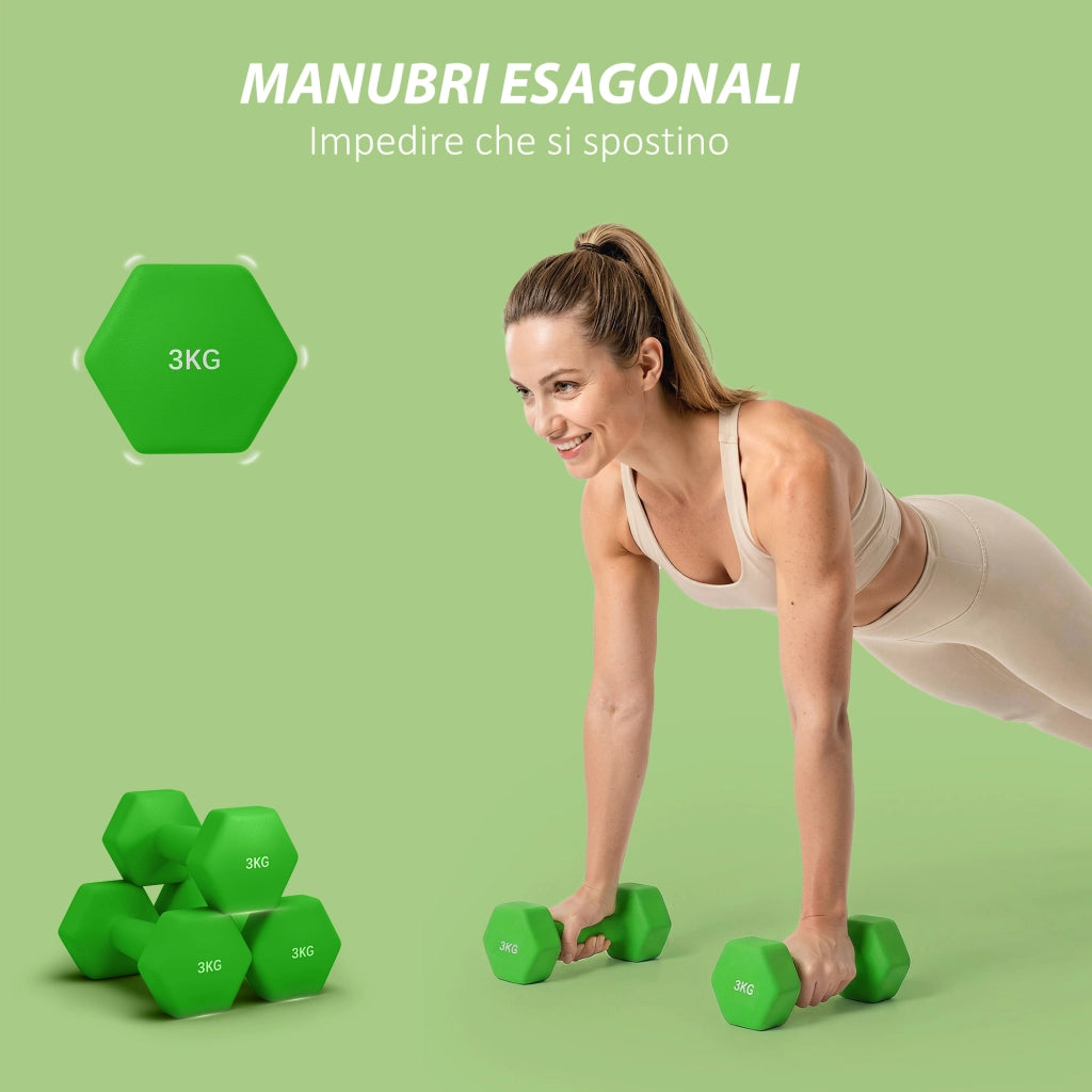 Set 2 Manubri 3 kg Esagonali e Antiscivolo per Casa e Palestra, in Metallo e Plastica, 18x8x8 cm, Verde