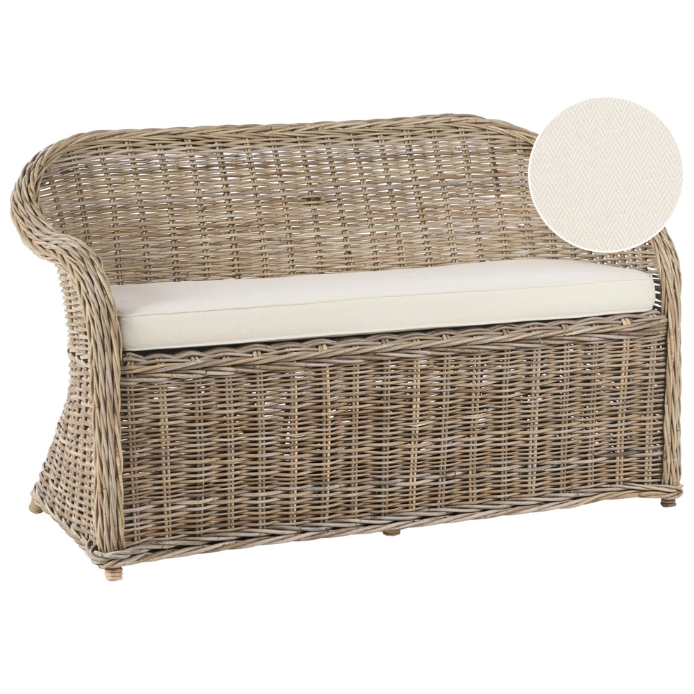 Panca a 2 posti per giardino in rattan naturale con cuscini bianchi e bianco sporco 141 cm stile boho per esterni e interni perfetto per giardino patio o balcone