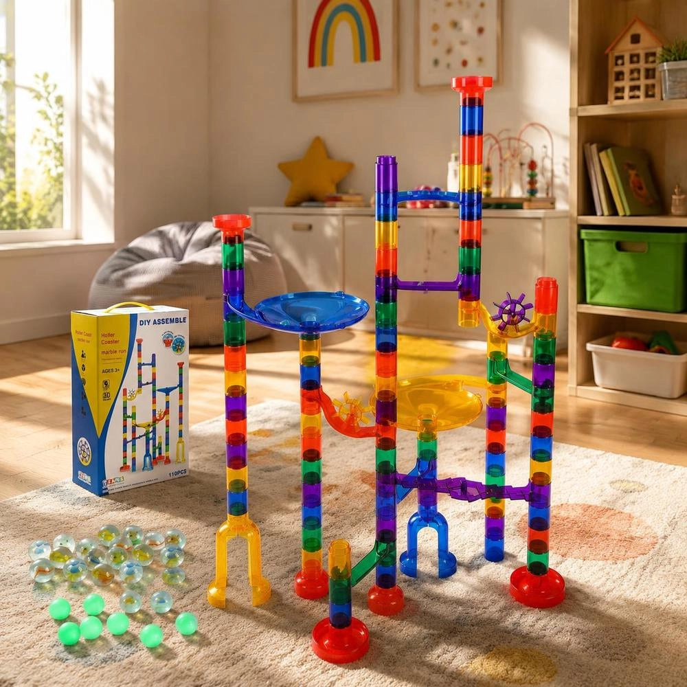 Marble Run Set, 110-piece Marble Labyrinth Building Block Puzzle Game, With 10 Glow-in-the-Dark Marbles + 20 Glass Marbles, Educational Learning Race Track STEM Toy, For Children Ages 3 And Up