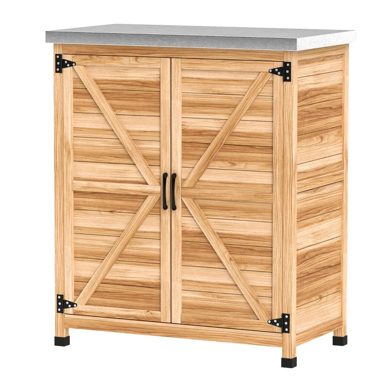 Gartenschrank da esterno in legno di abete con ripiano interno e piano di lavoro zincato, 79x43x92 cm