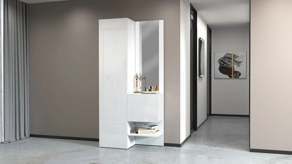 Mobile Ingresso 2 Armadietti e Specchio 90x35x191 cm Kompact Bianco Lucido