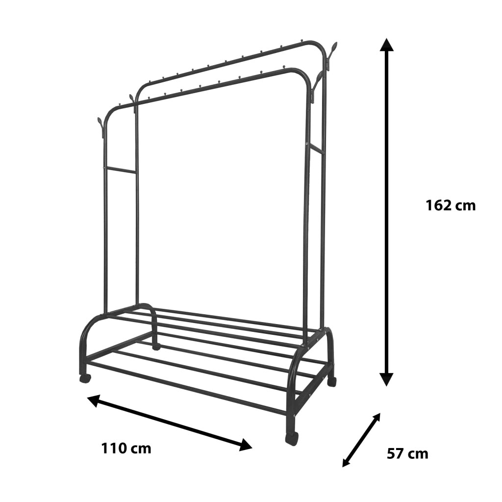 Appendiabiti Donkey Premium Maxi Giro 2 Stand Nyana Home 162x110x57 cm, 2 barre appendiabiti, 4 ganci laterali, 2 ripiani inferiori Nero.