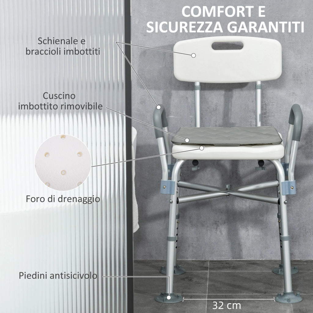 Sedia da Doccia Regolabile con Braccioli e Cuscino Rimovibile ¨C Zephmum ¨C 53.5x52x80-90 cm, Bianca