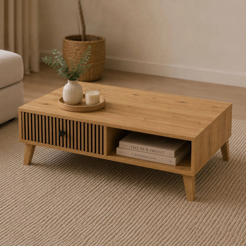 Liparime, Tavolino da Salotto 2 Cassetti, 102x67x32h cm Marrone Rovere Nodi