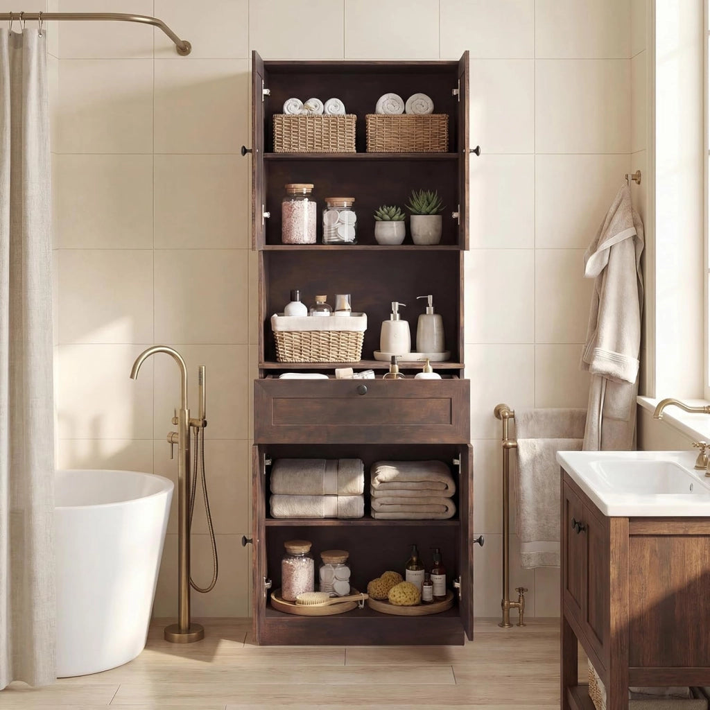 Mobile da Bagno Salvaspazio, Mobile da Terra con 4 Ante, 1 Cassetto, Vano Aperto e Ripiani Regolabili, Credenza Dispensa Cucina in Lgeno per Soggiorno e Ingresso, 60 x 35 x 171,5 cm (Marrone)
