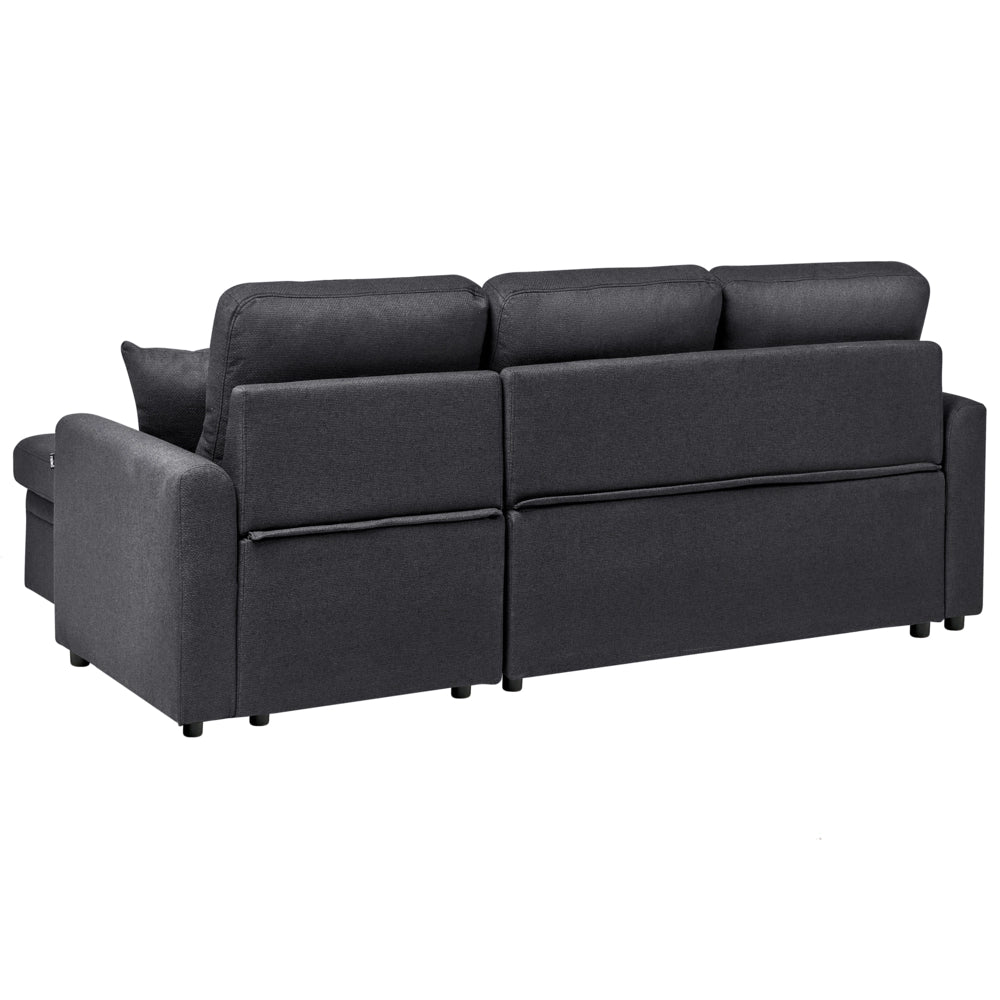 Divano letto angolare con contenitore lato sinistro nero rivestimento in poliestere effetto lino contenitore cuscini design moderno