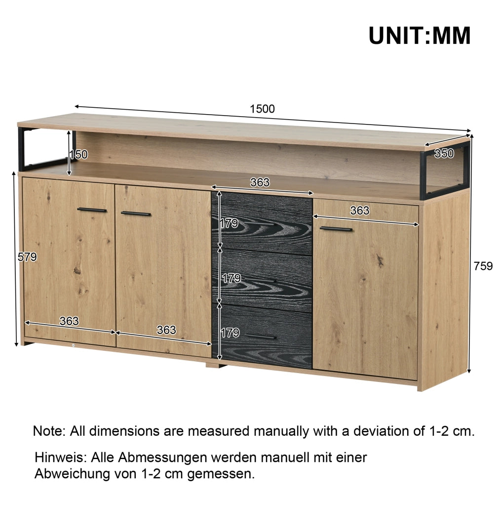 Credenza ULEVR 150x35x75,9 cm con 3 ante, 3 cassetti e ripiani regolabili, nero e marrone