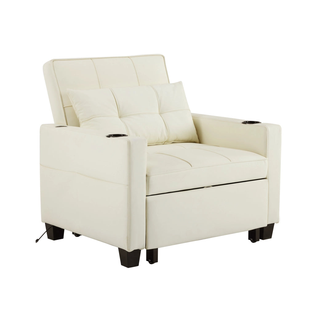 Divano letto singolo 3 in 1 con portabicchieri e tasca laterale in pelle PU bianca legno e metallo per piccoli spazi