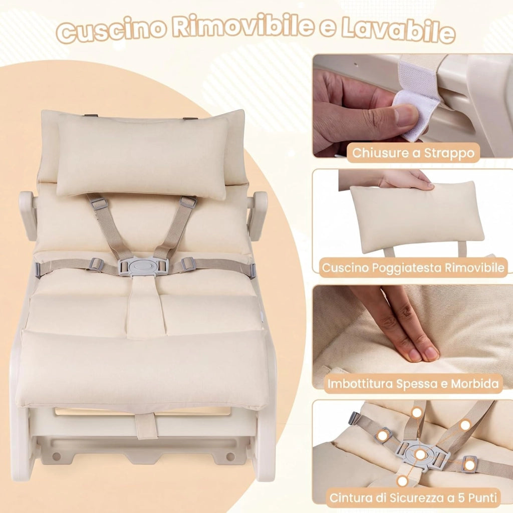 Sedia a Dondolo Bambini, Schienale Regolabile, con Cucino (Beige) | Sdraietta a Dondolo, Poggiatesta Rimovibile e Cintura 5 Punti, Portata 80 kg, per Bambini 6+ Mesi