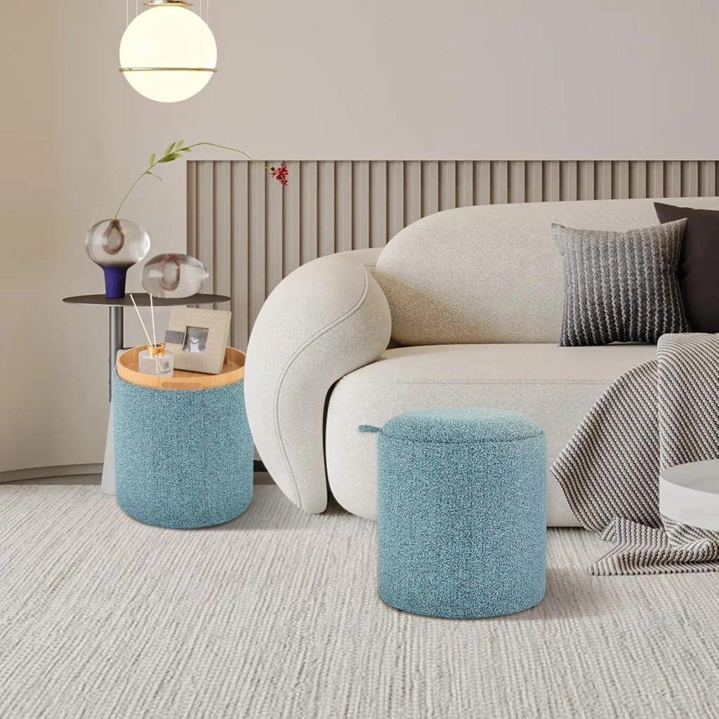 Set di 2 Pouf Contenitore, Pouf Rotondi Imbottiti da 41L+25L, con Vassoio Reversibile, Sgabello Contenitore Multifunzionale per Soggiorno, Camera da Letto, Portata 160 kg