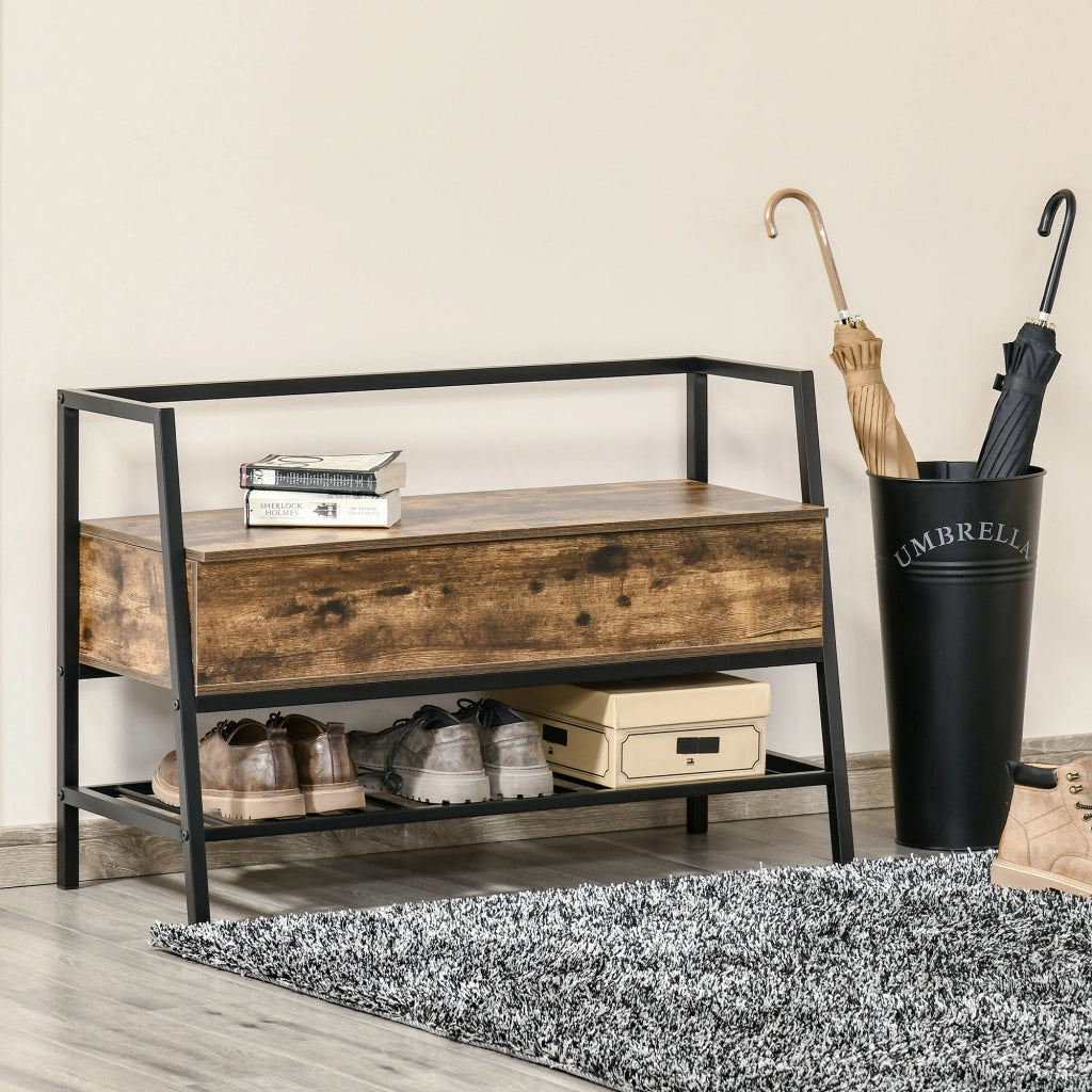 Mobile Scarpiera con Vano e Panca in Stile Industriale ¨C zephmum ¨C Legno e Metallo, Marrone Rustico, 90x37x60cm