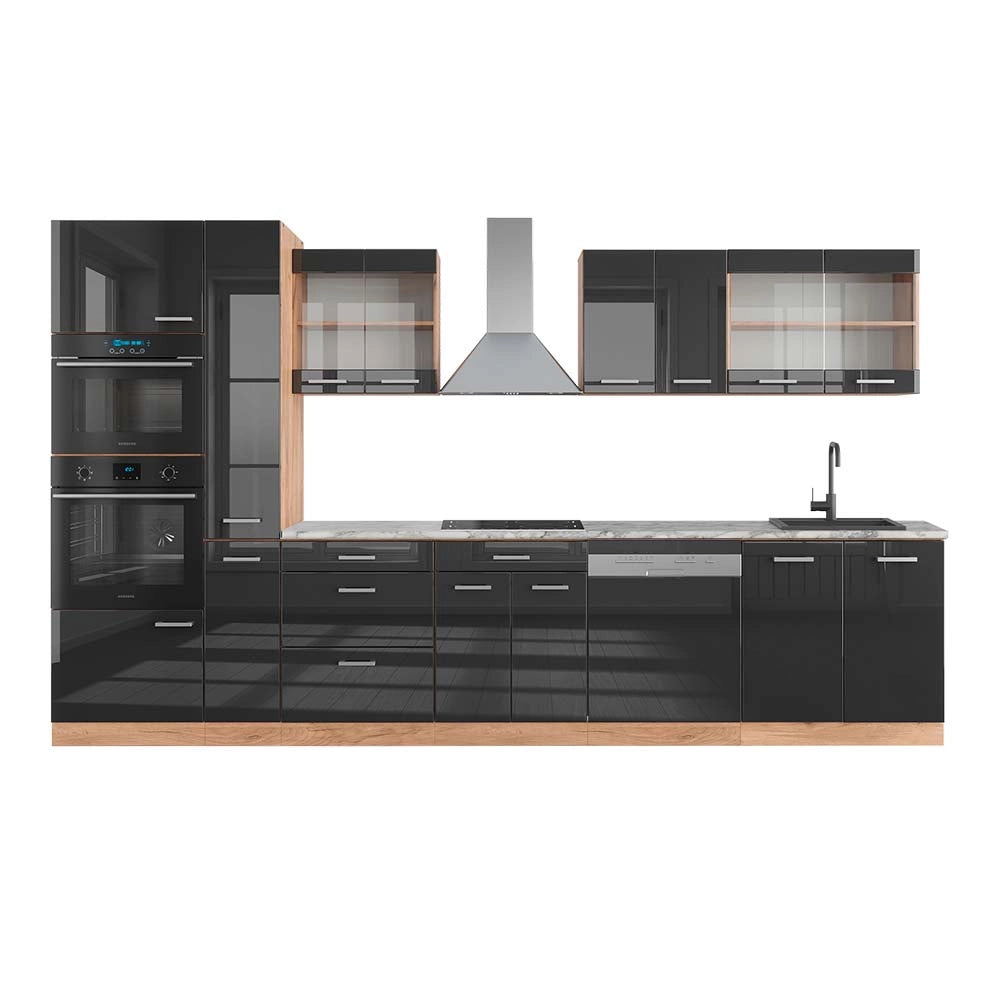 Cucina componibile R-Line Antracite lucido/Rovere dorato 350 cm con armadio alto, PL Marmo Vicco