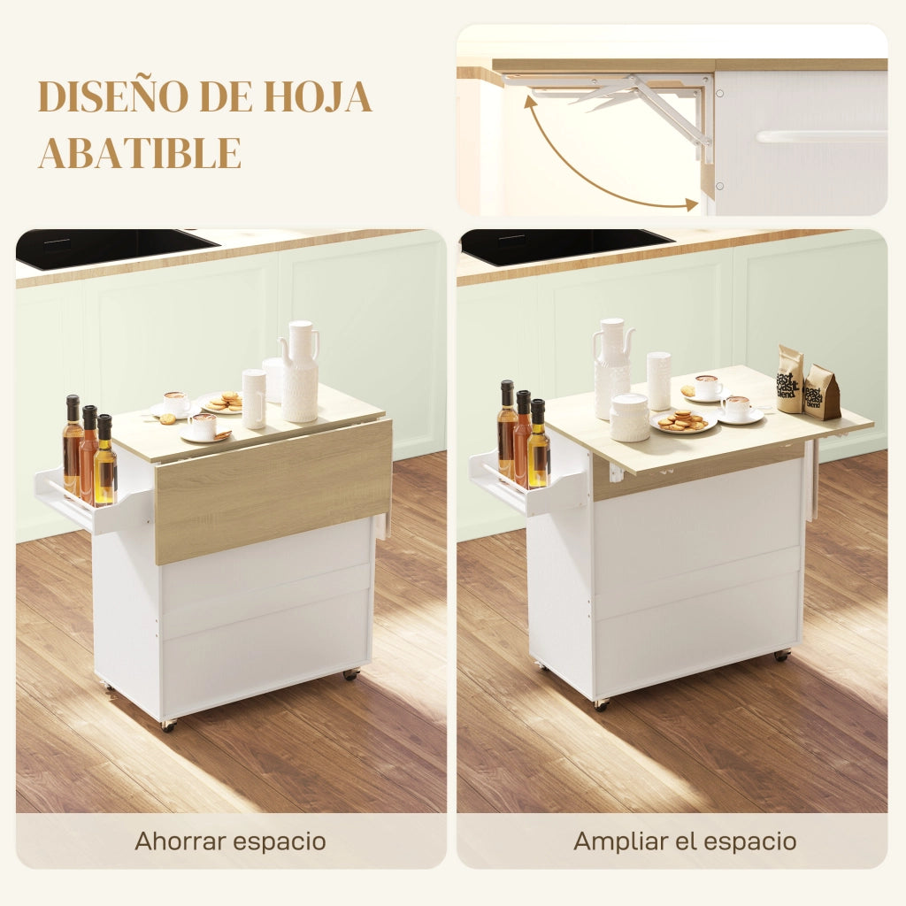 Tavolo da cucina con ala abatibile 2 porte cassetto especiero toallero e scaffale regolabile ¨C zephmum ¨C 106x42x87 cm bianco e rovere
