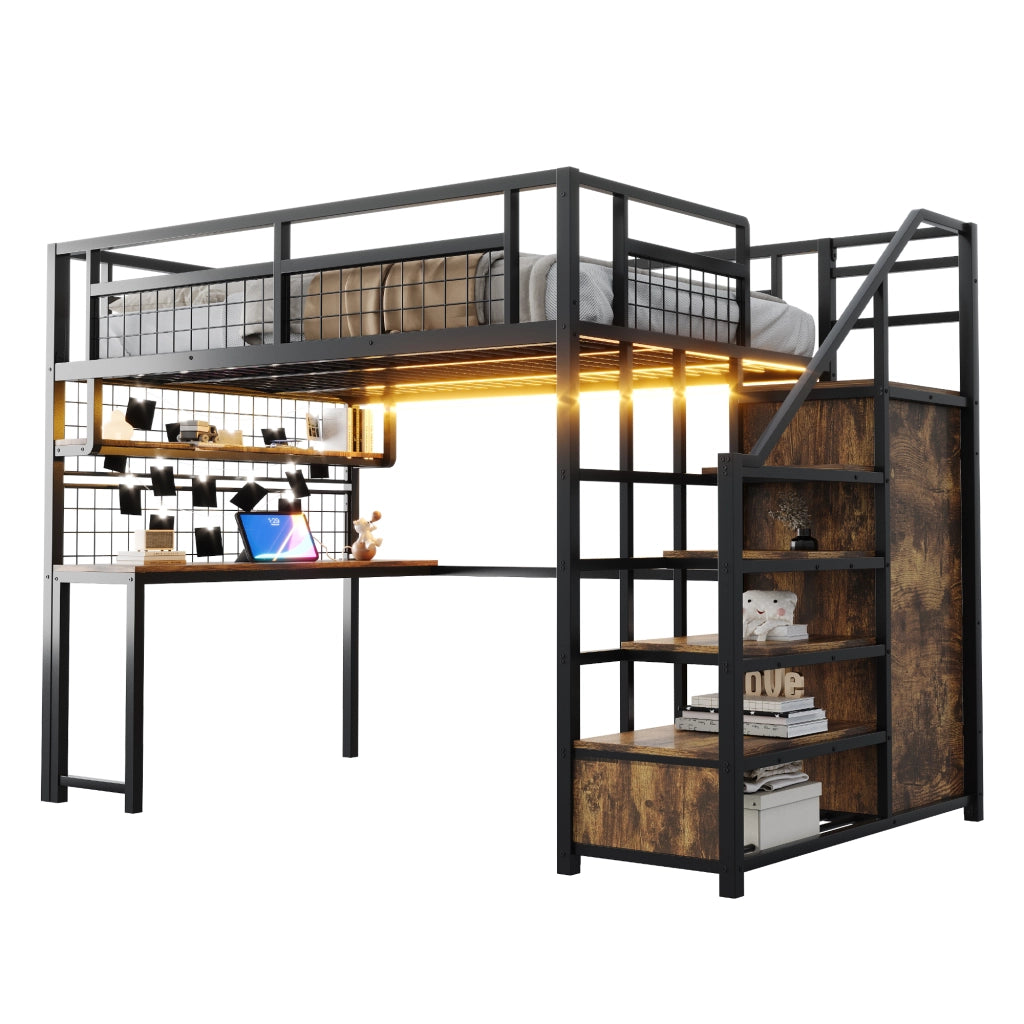 Letto a castello metallo nero con scala contenitore e armadio 140x200 cm
