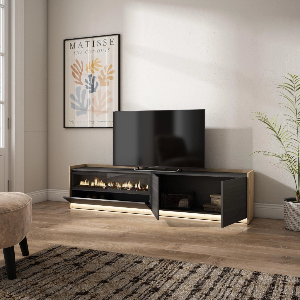 Mobile TV Soggiorno, 207x50x37 cm, Per TV fino a 80", Camino elettrico, LED, Nero e rovere