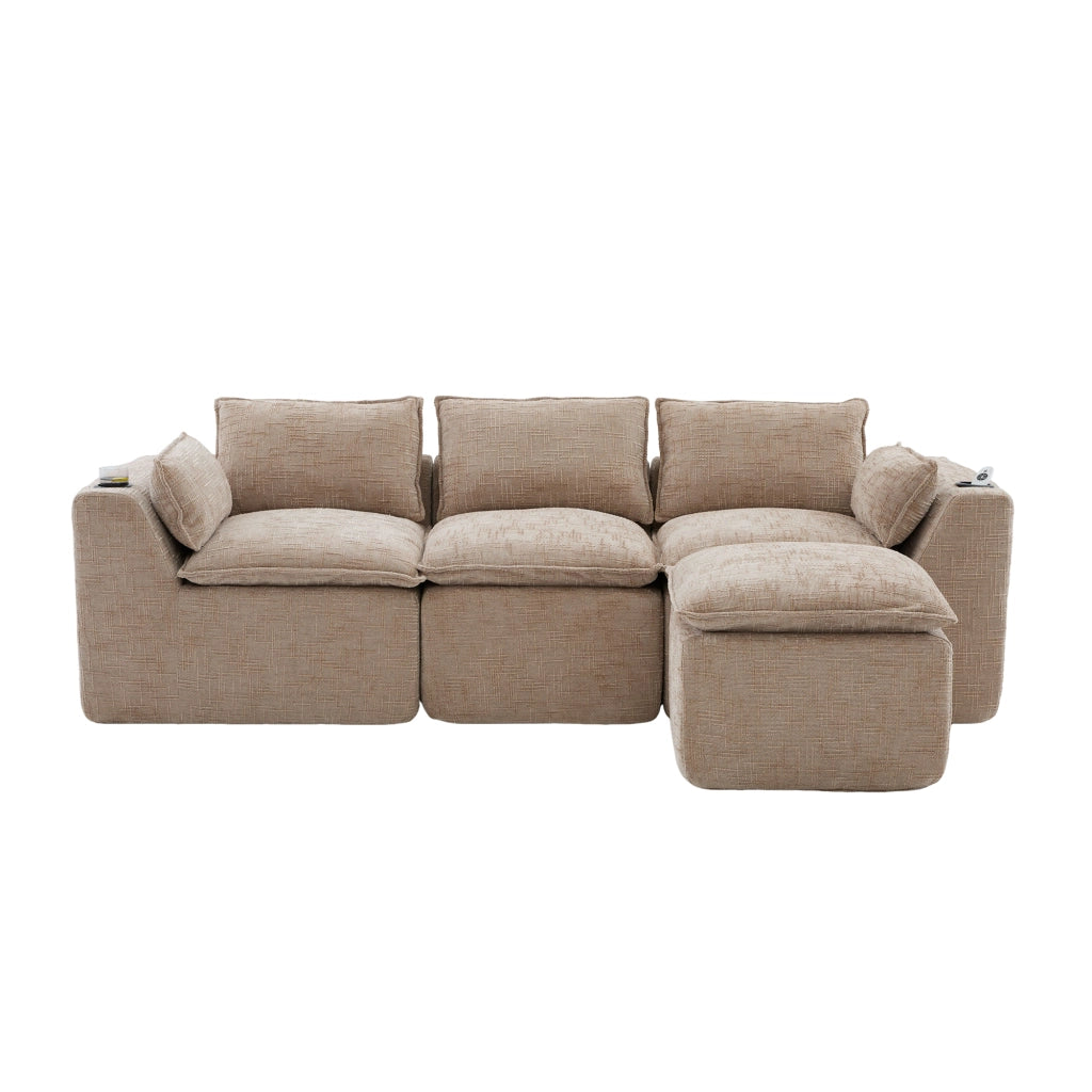 Divano modulare 3 posti con pouf; cuscini e tasche laterali; in chenille khaki