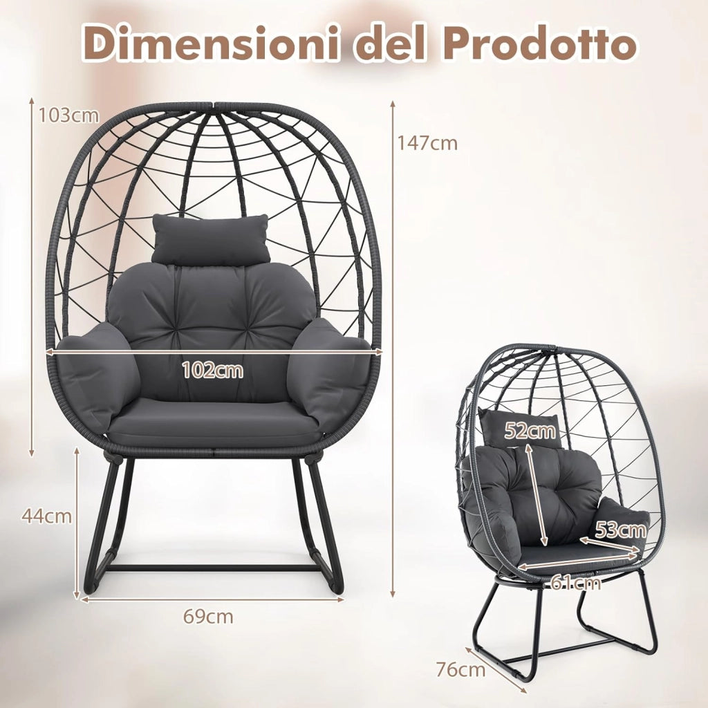 Poltrona in Rattan da Giardino, Sedia a Nido con Cuscino Rimovibile, Supporto in Metallo, Sedia a Uovo da Interni ed Esterni, Portata 150 kg, 100 x 76 x 145 cm (Grigio)