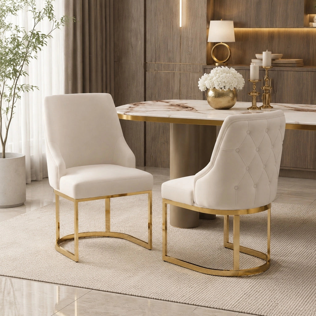 Set di 2 sedie in velluto 81.99x54.0x53.49 cm con schienale trapuntato; metallo beige e oro