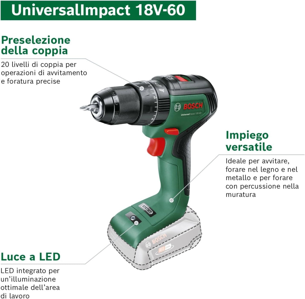 Bosch Trapano con percussione a batteria UniversalImpact 18V-60 (2 batterie da 2,0 Ah, sistema 18 Volt, in valigetta