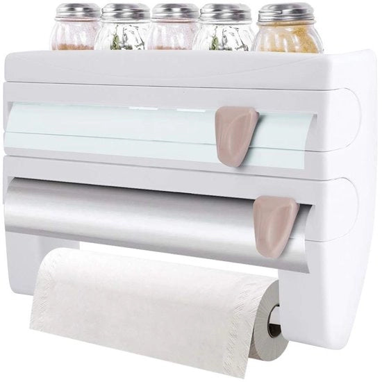 Supporto per rotoli da cucina con ripiano per spezie - Montaggio a parete - Risparmio di spazio - Utilizzabile in vari modi - Design moderno - 39 x 10 x 24 cm - Supporto per rotoli