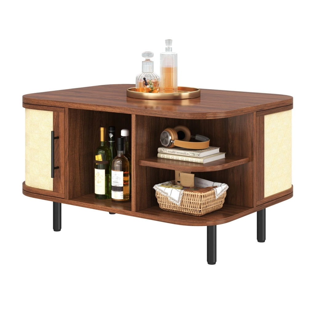Tavolino da caffè sagomato 80x60x47 cm in MDF; colore noce; con spazio contenitivo