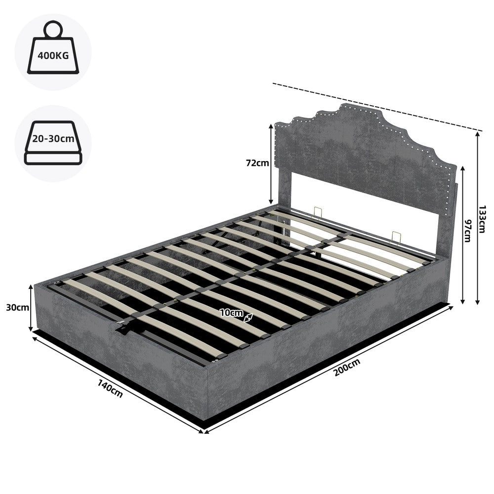 Letto Contenitore Imbottito ¨C MINIMAL ¨C Grigio 140x200 con Testiera, Struttura con Doghe