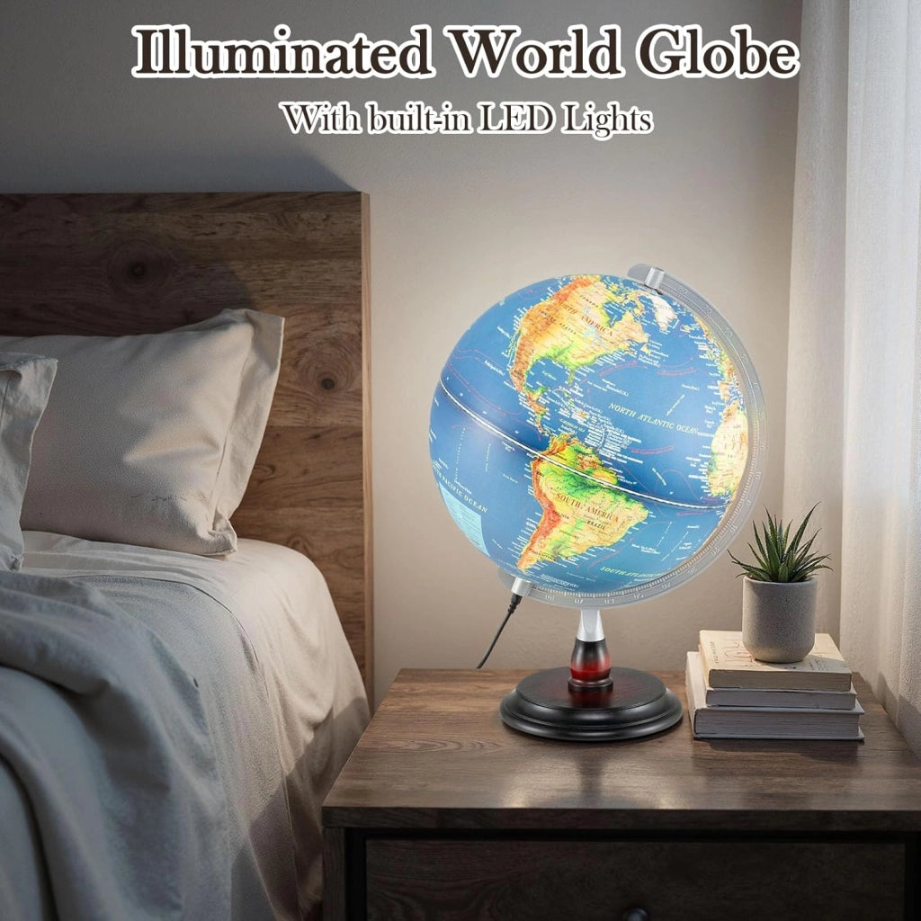 Globo illuminato da 30 cm, globo mondiale con mappa in rilievo, illuminazione a LED, display fuso orario, base in legno antiscivolo, globo geografico per studenti, educazione, decorazione