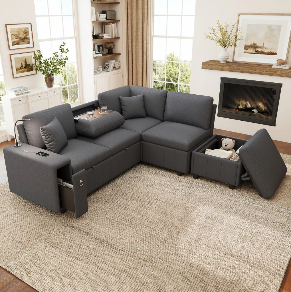 Divano angolare modulare 5 posti con letto estraibile; pouf contenitore; USB e Type-C; grigio
