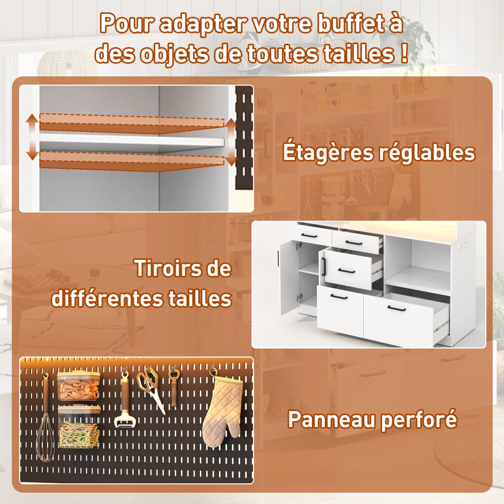 Credenza da cucina alta con piano di lavoro; 5 cassetti; ante in vetro temperato; LED RGB e prese; per cucina; bianco