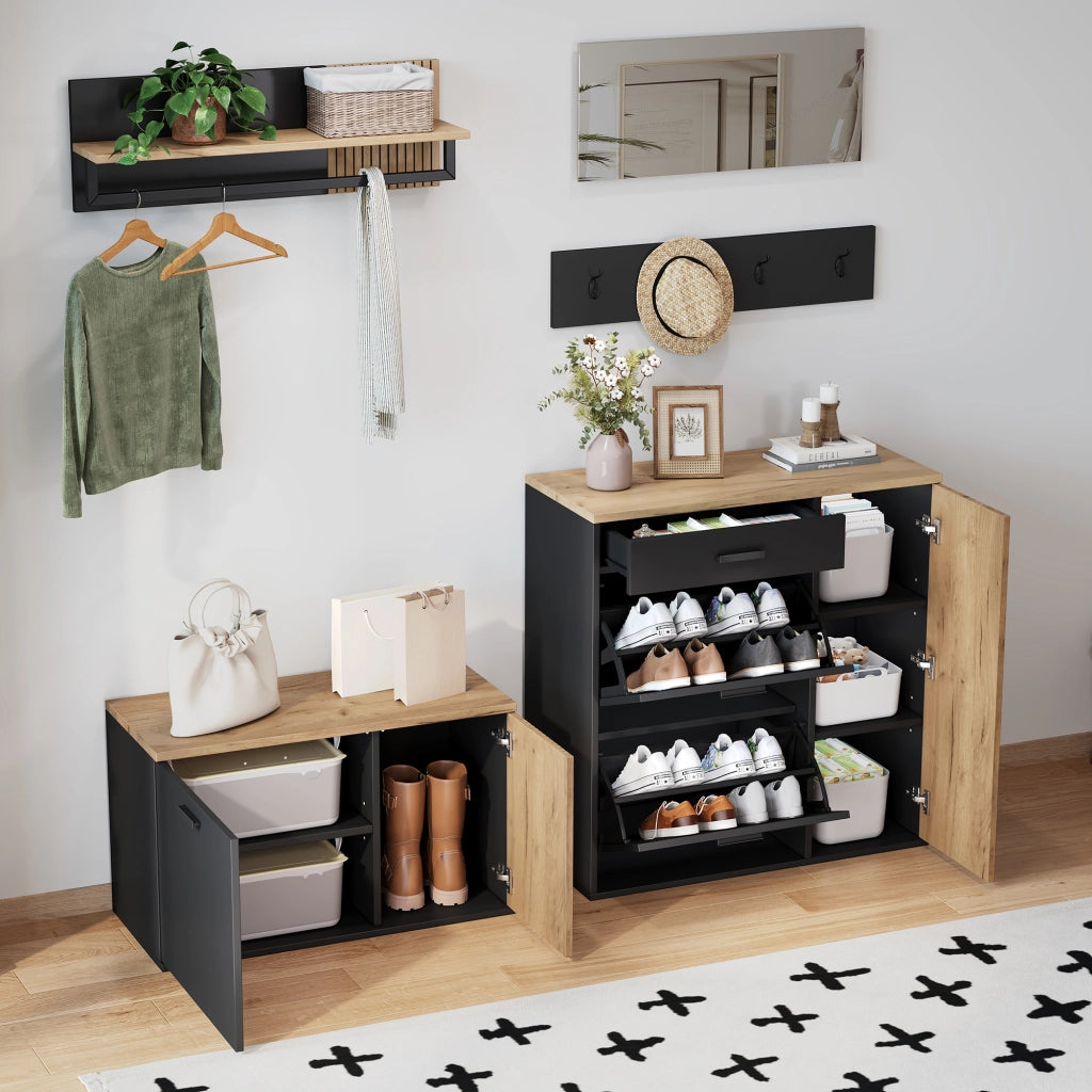 Mobili da ingresso set a 2 armadi con specchio 4 ganci e scarpiera ribaltabile in truciolare nero e naturale