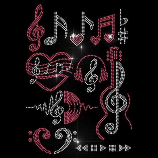 Decal di trasferimento per abbigliamento con tema musicale - Applicazione Strass - Decal di trasferimento per calore - Decorazione per abbigliamento DIY - Patch originale - Disegno per tessuto - Trasferimento di immagini per tessuti